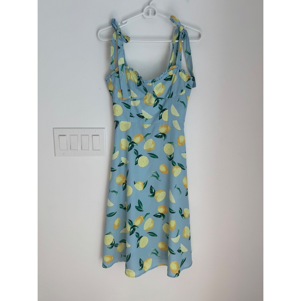 Juicy Couture Lemon Print Tie Strap Midi Dress Blue Yellow Small
